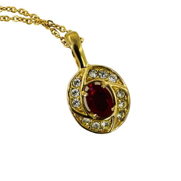 Red CZ Accented Clear Rhinestone Pendant Over Gold Plated Cable Chain Necklace - Picture 3 of 6